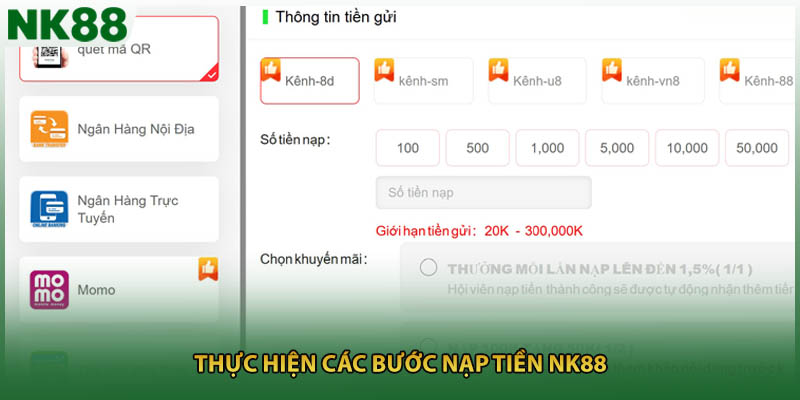 Thực hiện các bước nạp tiền NK88
